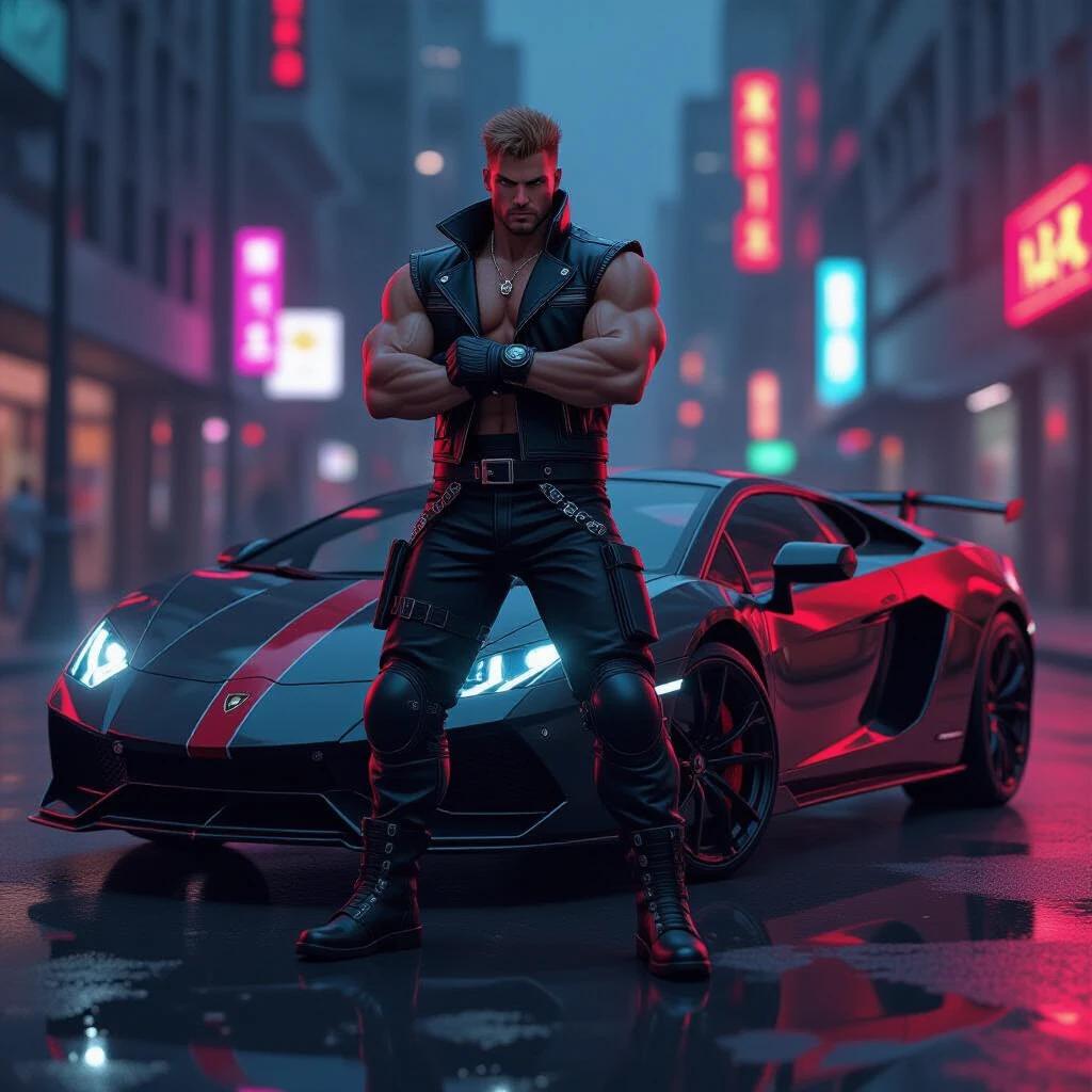 Ken from Street Fighter poses confidently in front of a sleek Lamborghini with black and red stripes. Americana motorcycle outfit worn. Urban city backdrop with neon lights reflecting off the car.