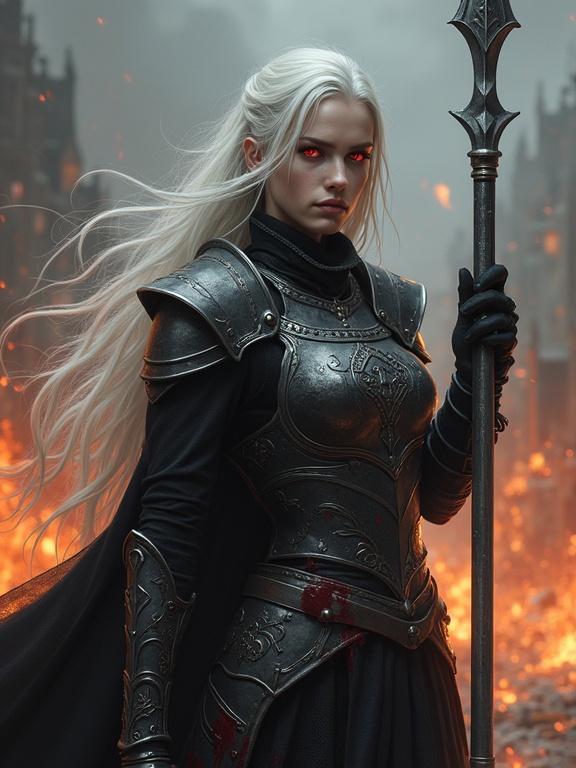 Young woman with white hair and red eyes wearing black armor. She holds a silver spear with blood. Background shows a fiery battlefield.