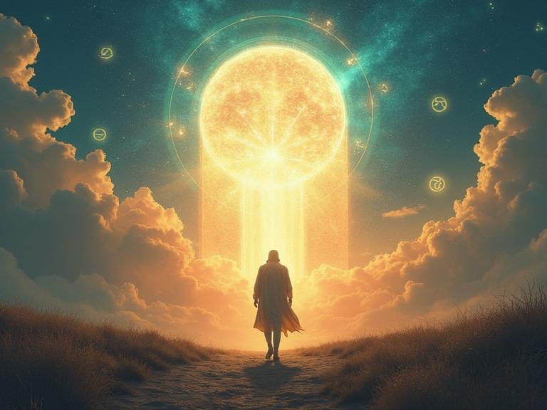 Enoch walking toward a glowing portal in the sky. Mysterious symbols floating around. Symbolic style with ethereal colors. 9:16 aspect ratio.
