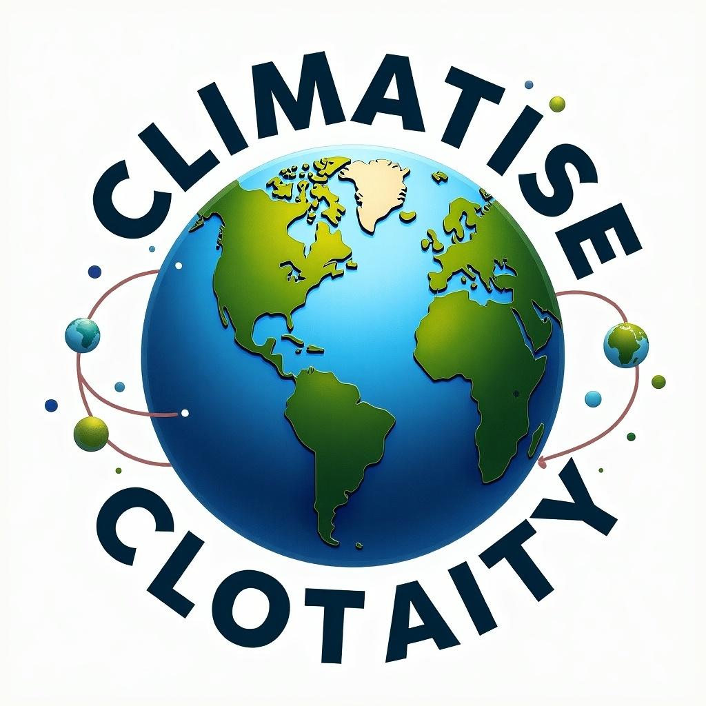 The image features a stylized representation of the Earth with vibrant colors. The continents are green and brown, set against a blue ocean backdrop. Surrounding the Earth is the word 'CLIMATISE' arranged in a circular fashion. The design is modern and eye-catching, suitable for environmental initiatives. There are small circles representing planets or atoms orbiting around, adding a dynamic flair to the image. This illustration conveys a message about caring for our planet.