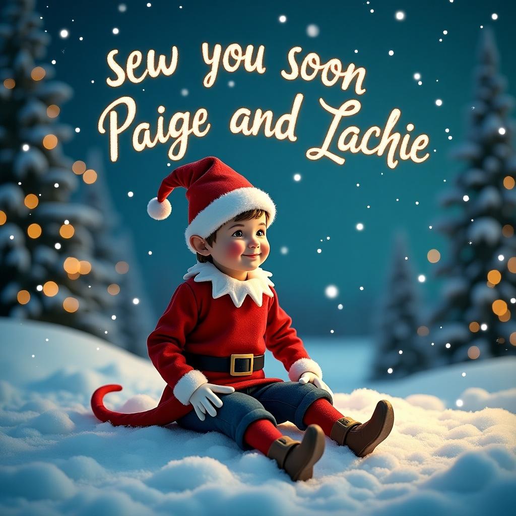 A traditional elf boy is sitting down on a blanket of snow, surrounded by a winter wonderland. The sky above is illuminated by beautiful northern lights creating a magical atmosphere. Soft snowflakes gently fall around him, adding to the enchanting scene. In sparkling lettering, the phrase ‘Sew you soon Paige and Lachie’ is displayed in the sky, giving a personal touch to the Christmas setting. The elf wears a bright red outfit and a cute hat, fully embodying the festive spirit.