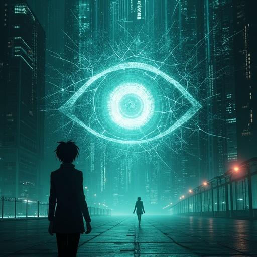 Create a thumbnail image encapsulating Psycho-Pass and its real-world parallels. Focus on a stylized representation of the Sibyl System's eye glowing with light. Include a silhouetted human figure with a contemplative expression against a futuristic urban background in deep blues and greens. Integrate abstract cues of data streams and digital surveillance, reflecting themes of technology and freedom.