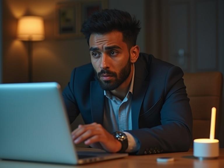 Cinematic photorealistic scene with a frustrated Egyptian man in his 20s applying for a job via ZOOM. He is wearing formal attire and appears puzzled due to weak internet signal. A glowing wifi router and his laptop are beside him, in a softly lit indoor setting.
