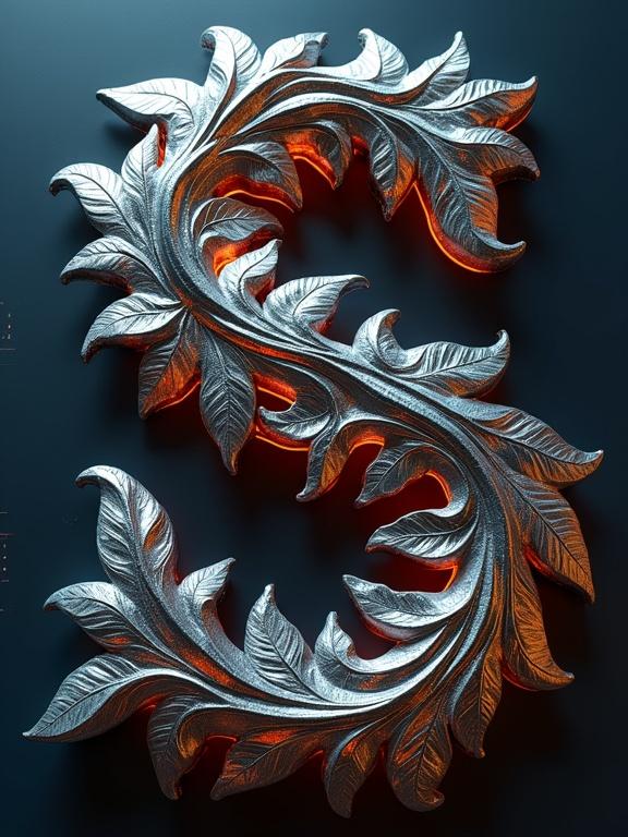 Highly realistic digitally rendered image of a metallic letter S. Letter formed from ornate swirling leaf-like designs. Leaves detailed with individual veins and curves. Illuminated with warm orange accents against cool-toned palette. Presented in vertical orientation against translucent screen with futuristic technical interface. Depth and texture created by cross-hatching and shading reminiscent of engraving. Polished metallic sheen creates a sleek dramatic aesthetic.