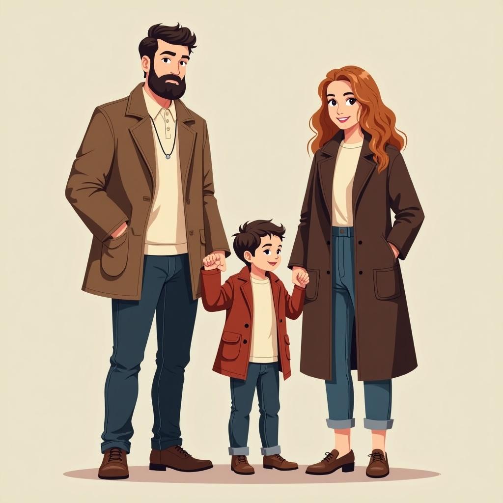 The image depicts a stylish family of four, featuring a dad, mom, and their two children. The dad is in his 40s, wearing a trendy long coat and dark jeans, while the mom, in her 30s, complements him with a chic outfit. Their daughter is around four years old, dressed cheerfully in a matching outfit, and the younger son, just 14 months, is also styled to match. The family stands closely together, sharing smiles and holding hands, radiating a sense of warmth and unity. The background is minimalistic, emphasizing their coordinated fashion sense without distractions.