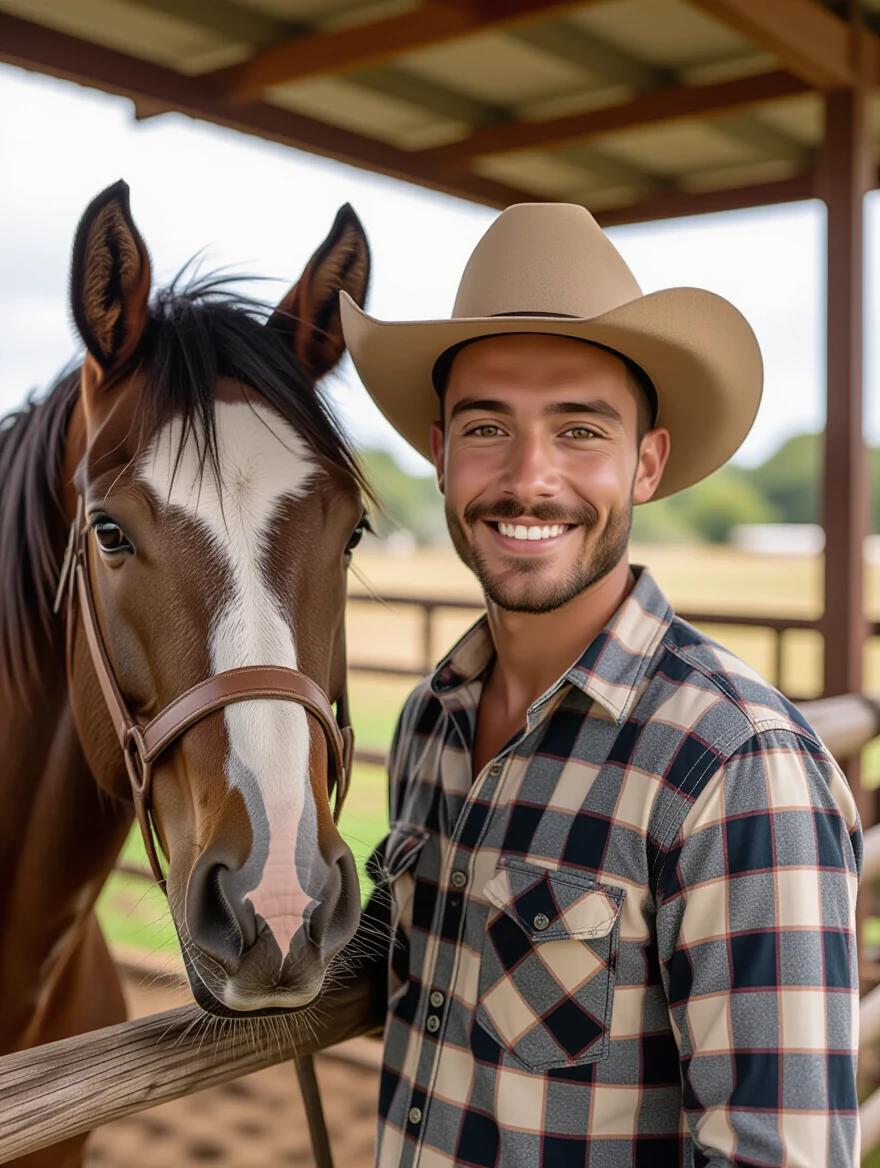 A handsome 25-year-old Brazilian man stands next to a horse inside a stable. The man wears a cowboy hat and a plaid shirt. The background shows a rural setting with wooden fence and greenery.