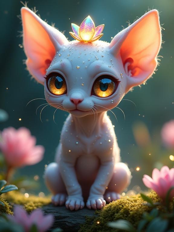 A fantasy kitten-like creature with a chibi head and large expressive eyes. It has pale lavender-gray skin covered in dew drops. A small flower-like gem is on its head. It sits amidst moss and pink flowers in a magical woodland setting. The light is soft and mystical, creating a fairy-tale vibe.
