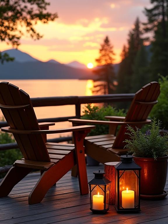 Image displays a sunset from a wooden deck overlooking a calm lake. This scene includes rustic Adirondack chairs, glowing lanterns, and lush plants creating a serene atmosphere. Perfect for relaxation and enjoying nature's beauty.