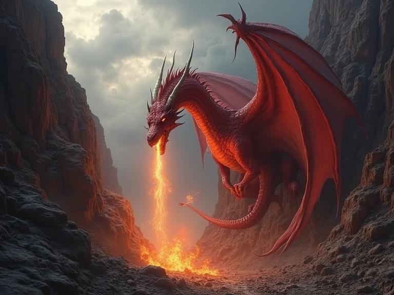 Ultra realistic and ultra detailed representation of an ancient red dragon breathing flame into a narrow barren canyon surrounded by jagged rocky mountains under a storm cloud sky.