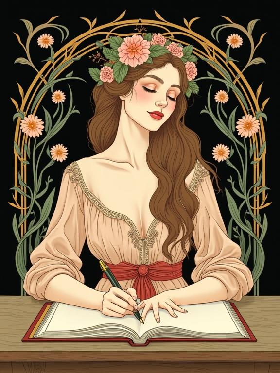 A soft and expressive female figure inspired by Alphonse Mucha. She is seated at a vintage writing desk and gently holds a pen above an open journal. Only one hand is visible. The figure has long flowing hair and a floral headpiece, wearing an antique dress with decorative folds. Background features stylized vines, blooming flowers, and ornamental curves. The color palette includes muted rose, peach, moss green, antique cream, pale gold, and warm brown. The art has elegant flat tones with subtle gradients and a calm expression. The image has a hand-drawn look in a decorative style with a symmetrical composition. There is a black background with no text or border.