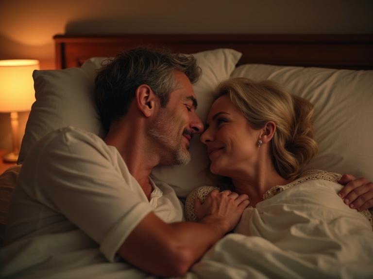 Intimate moment between a couple in softly lit bedroom. Woman in her 50s and male partner lying together. They are holding hands and looking into each other's eyes. Atmosphere is calm and safe, focusing on emotional connection. Warm and semi-realistic style with gentle lighting.