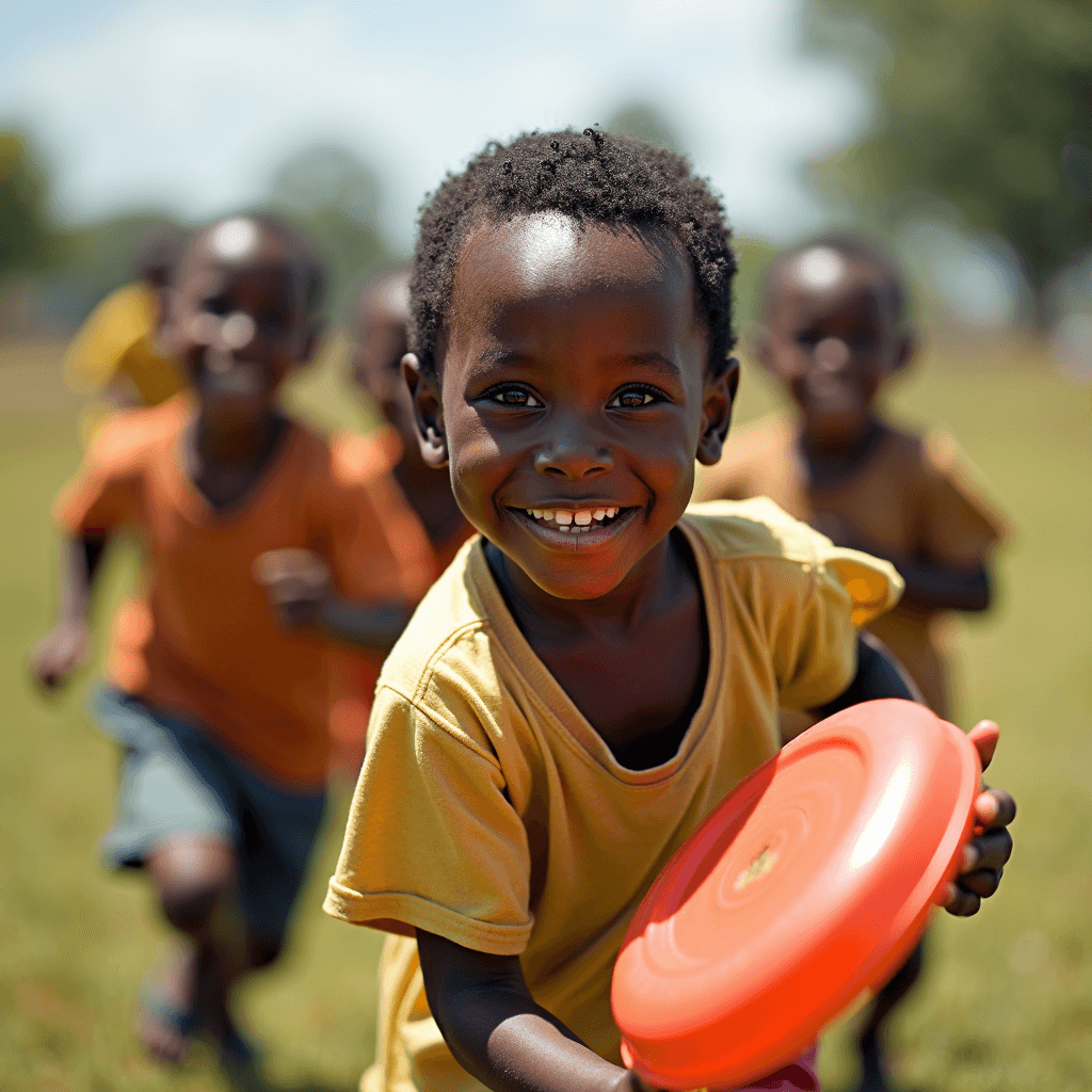 A group of children playing with a frisbee outdoors, full of laughter and happiness.