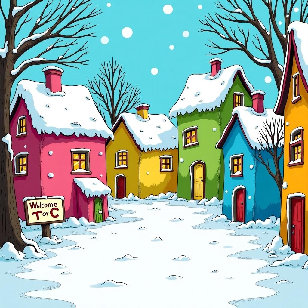 Cartoon style whimsical winter village scene with colorful houses including pink, green, yellow, and blue. A snow-covered path leads through the village. A sign reads 'Welcome to T or C.'