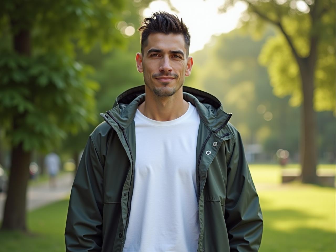 Shot on 35mm film, a white Latino male around 30 years old stands in a frontal pose. He is approximately 1.65 meters tall with short, dark, and sparse hair styled in a highly flattened, forward-combed manner. The subject wears an open rain jacket over a plain white T-shirt, which is the main focus of the composition. The setting is a vibrant city park in the morning, surrounded by lush greenery. Soft natural lighting beautifully highlights the details of the T-shirt and emphasizes the freshness of the park's atmosphere.