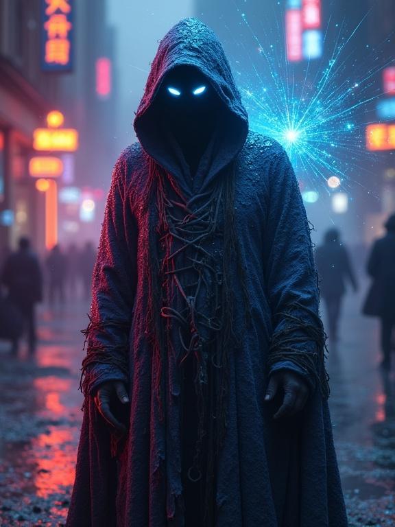 A mysterious figure known as 'The Enigma' stands in a futuristic city. The figure wears a tattered cloak and has glowing blue eyes. Neon lights illuminate the wet streets. The atmosphere is moody and filled with shadows. Cosmic elements surround the figure, suggesting interdimensional themes.