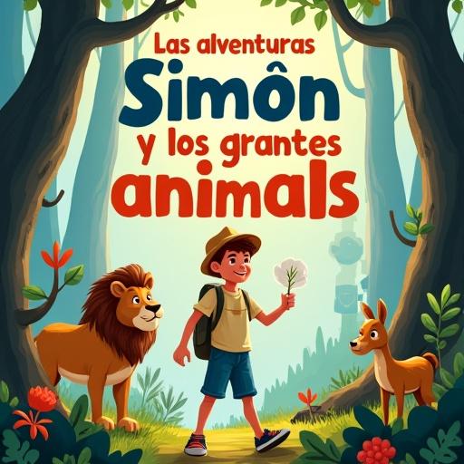 Illustration of a children's book cover. Title is 'Las aventuras Simón y los grandes animales'. Features a boy named Simón holding a leaf in a vibrant, magical forest. The forest has bright plants and shows various animals like a lion, elephant, giraffe, antelope, zebra, rhinoceros, buffalo, horse, cow, donkey, evoking wonder. Text is whimsical and colorful, fitting the adventure theme.