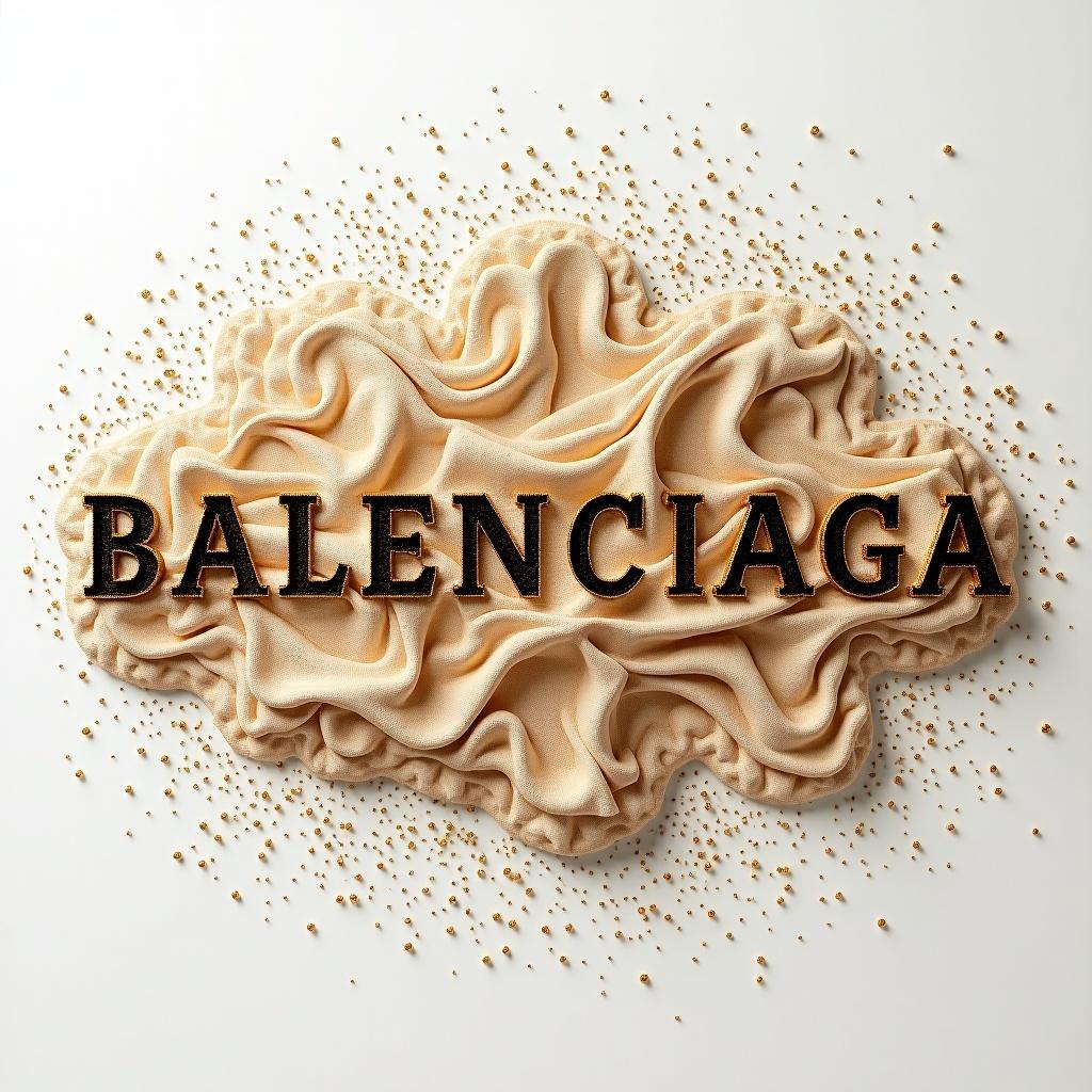 The image showcases an exquisite haute couture design featuring the word 'BALENCIAGA' embossed on a textured surface. The fabric has a luxurious sandy appearance, shimmering with golden particles. It is set against a clean white background that emphasizes the intricate details of the design. The colors blend harmoniously, with soft beige tones and rich brown elements. This visual representation resonates with high fashion aesthetics and luxury branding.