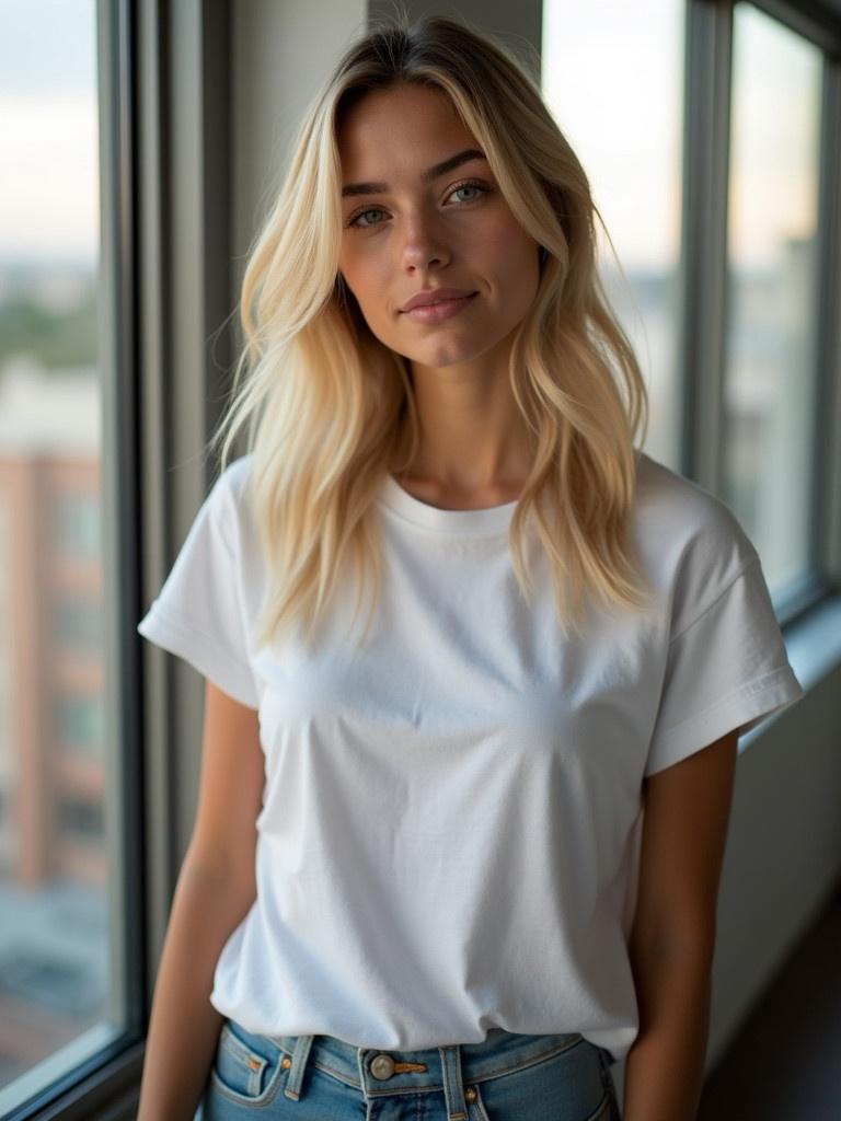 A portrait of a young woman with blonde hair stands beside a window in a modern city apartment. Natural light softly illuminates her face. She wears a casual white t-shirt and jeans. The warm golden hour light provides a soft glow. Hair shows detail and texture. Capture a relaxed vibe. More space above her head. She appears to be holding something in her hand.