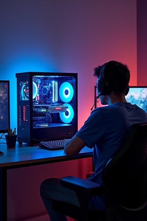 Image of a young man wearing headphones seated at a computer desk. A gaming monitor displays an engaging scene. The modern gaming PC features RGB lighting and a transparent case. The PC has multiple cooling fans with blue and red lights. The setting reflects the essence of gaming culture.