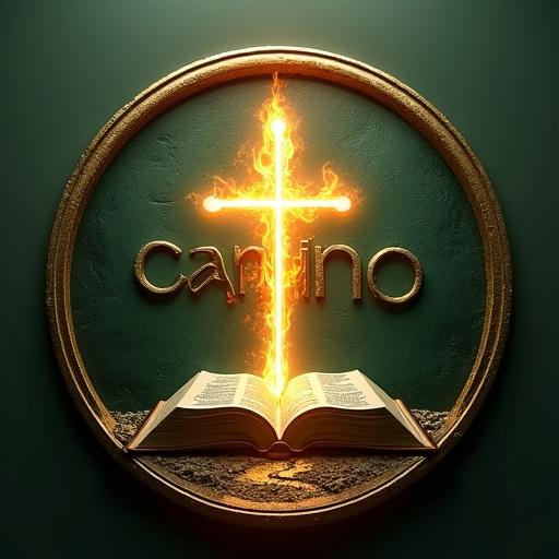 Create a hyper-realistic circular logo for a Pentecostal Evangelical church named Camino de Santidad. Include the text 'Iglesia Evangélica Pentecostal' at the top in bold relief font and 'Camino De Santidad' smaller below. The central design features an open Bible with a divine hand and flaming sword from its pages. Surround the Bible with subtle flames and a stylized path at the bottom. Use deep green, gold, yellow, and white colors with a thin golden circular border.