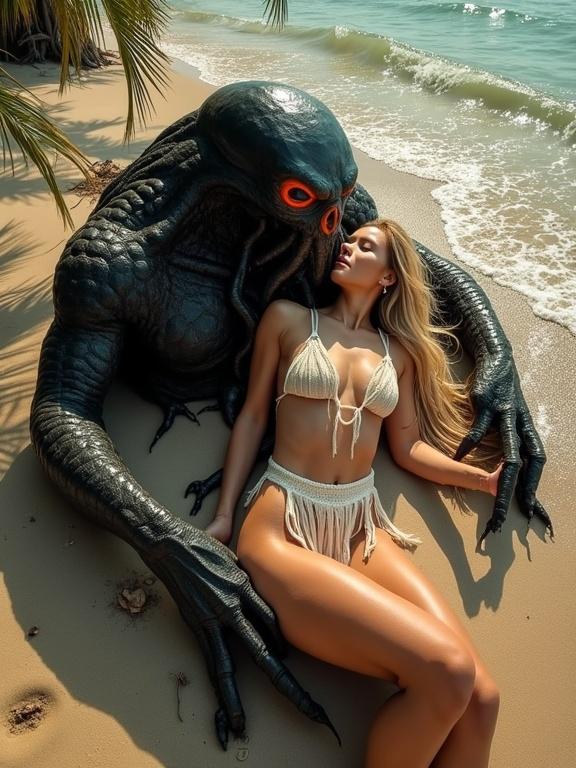 Fantasy scene of a tanned slavic woman on a beach hugging a black and orange Cthulhu creature. Woman wears white translucent loincloth. She has long disheveled blonde hair and is petting the Cthulhu. The scene shows palm trees and rough sea in the background under a sunny sky.