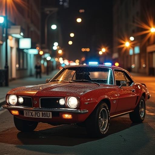 A classic muscle car parked on a city street at night. Street lights illuminate the scene and create a nostalgic atmosphere.