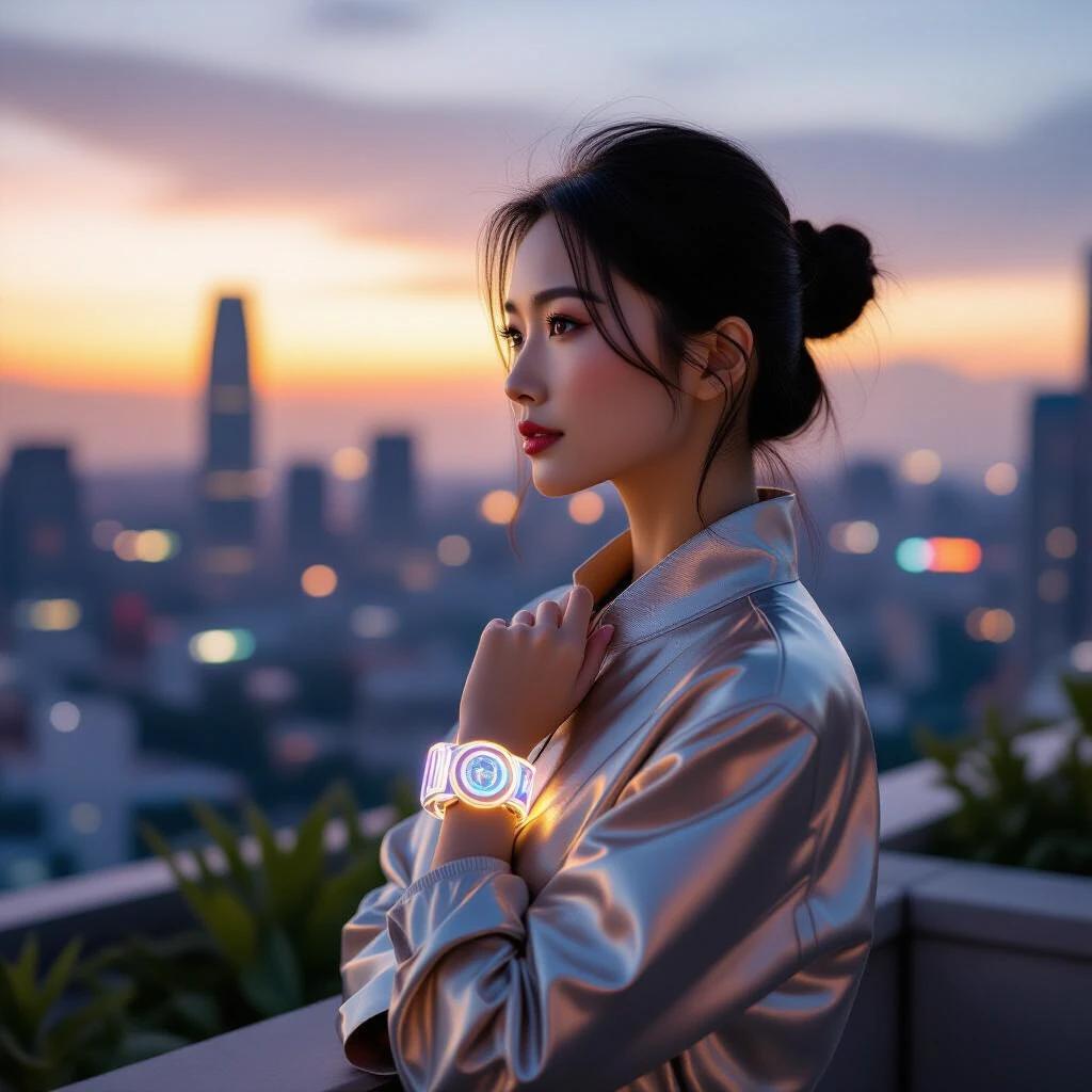 Elegant East Asian woman gazes at cityscape at dusk. She wears a metallic-fabric jacket with glowing accents. A futuristic transparent bracelet on her wrist features glowing nano-lights. The rooftop blends plants with sleek architecture. Warm sunset colors create a realistic, rich atmosphere.