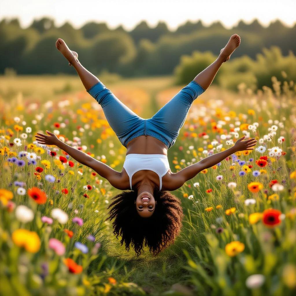 Beautiful woman performing a cartwheel in a flower-filled field. Settings evoke joy and freedom. Field dense with colorful blooms. Natural light enhances vibrant scene. Woman has curly hair and wears casual attire.