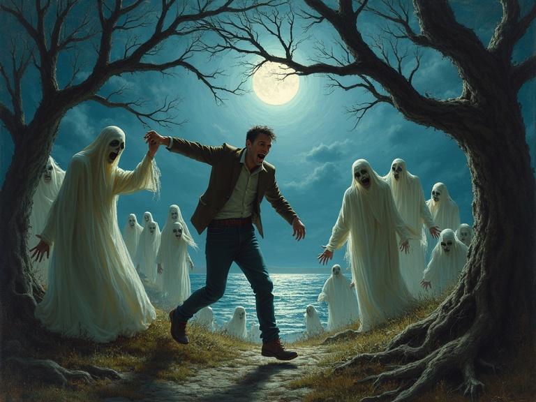 Painting of a dark moonlit landscape featuring a terrified man surrounded by ghostly figures in flowing robes. Twisted trees with eerie faces and a body of water in the background. Dark and somber color palette.