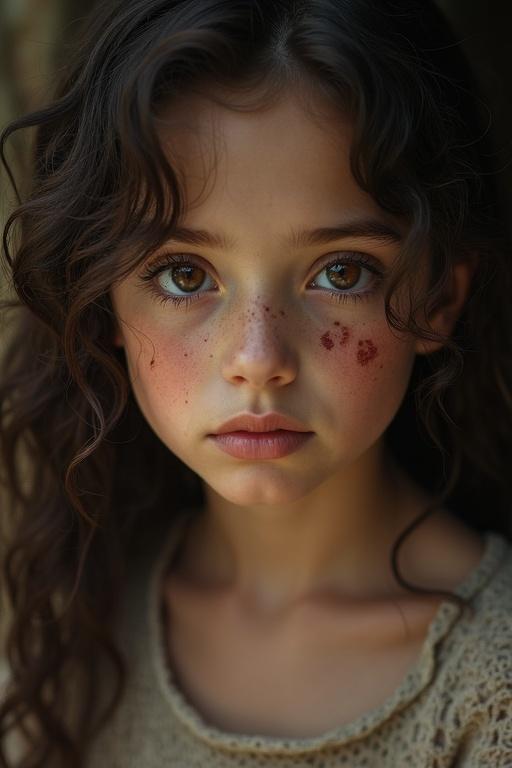 A young hillbilly girl with brown dark curly hair. She has pale skin. She has a cleft lip and a noticeable scar near her left eye. Her brothers are notable horror movie characters. She exudes an aura of innocence mixed with eerie charm.