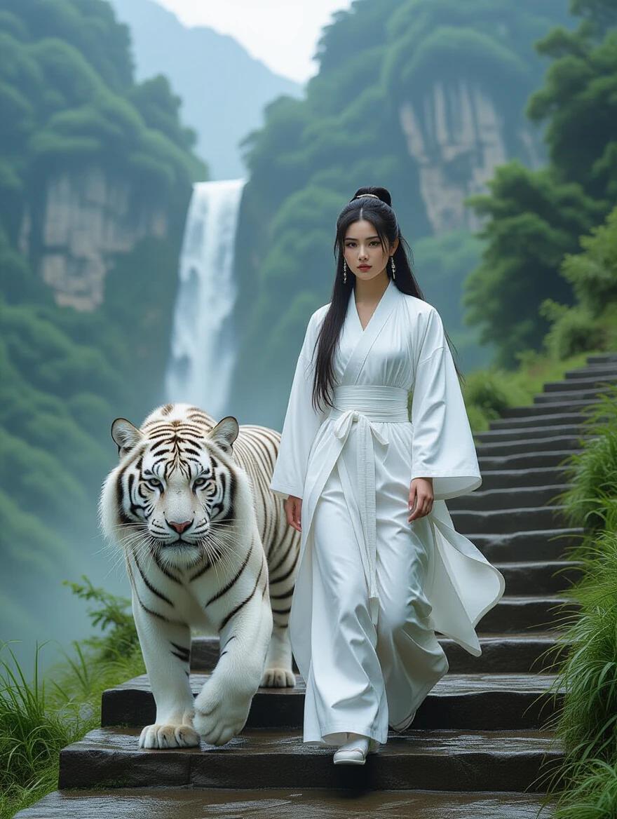 A woman in white clothing walks alongside a white tiger on stone steps. Mountainous landscape and a waterfall in the background. Depicts an action movie vibe. Emphasizes adventure and harmony with nature.