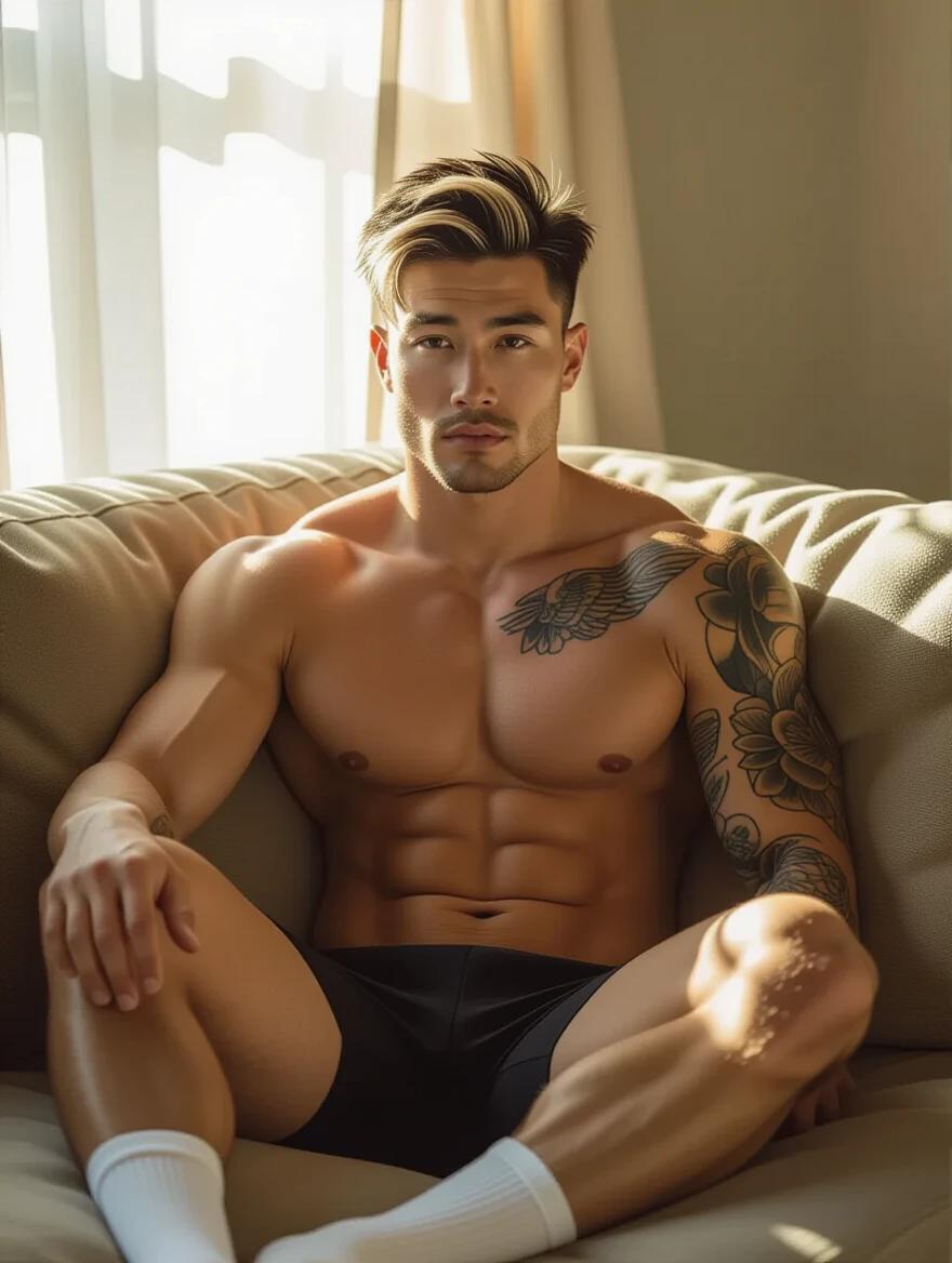 A man relaxes on a sofa. He has short black hair with blonde highlights. Sunlight brightens the space through a window. The man is shirtless showing his tattoos. He wears gym shorts and white socks. He has a serious expression. His abdomen is well-defined. The lighting creates soft shadows enhancing beauty.