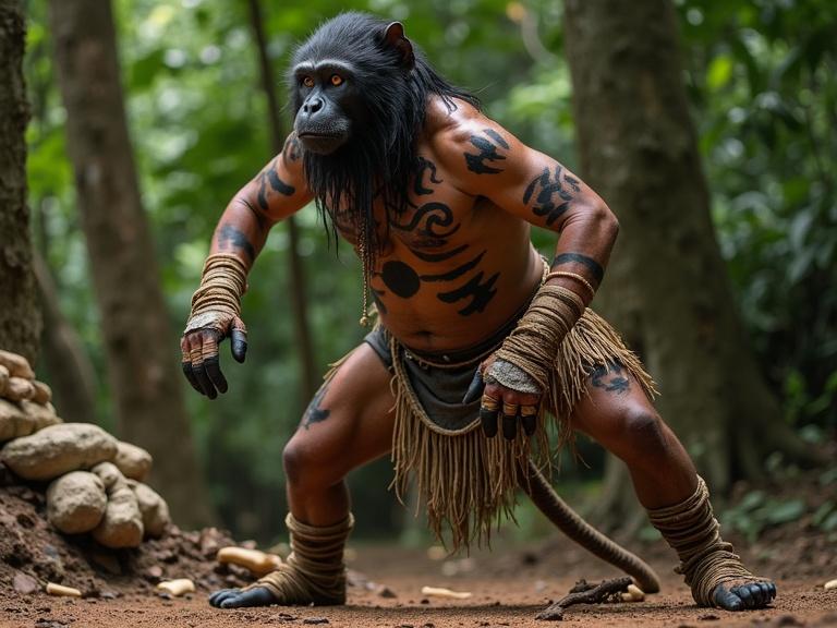 Male Maya dancer embodies monkey spirit with cunning and energy. Black war paint covers his arms and chest in swirling patterns. He wears raw-fiber arm and leg wraps, and a leather tail. Mischievous and dangerous eyes reflect his character. He crouches under thick jungle canopy near a stone and bone ritual altar.