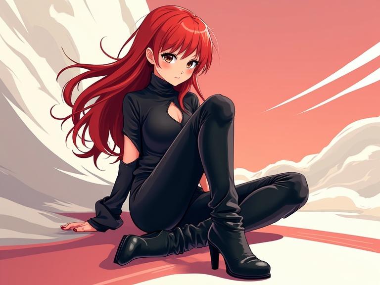 Anime-style woman sits with open legs, has flowing red hair, wears black fitted pants with cutouts and high heels, geometric background with motion lines in a modern anime illustration style.
