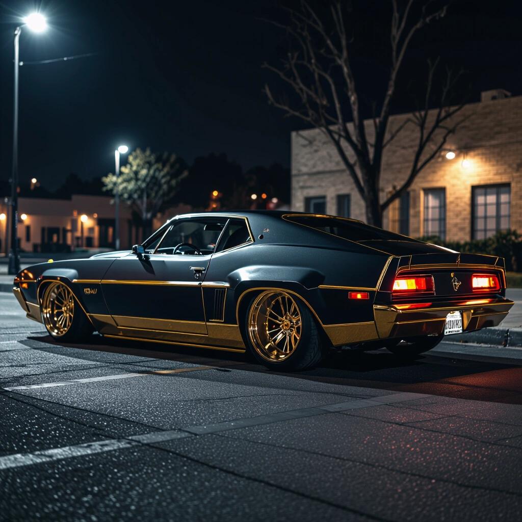 Parked angular dual tone futuristic funny car low rider with gold trim. Raw photo depicting epic dark ghetto vibes. Side view at night.