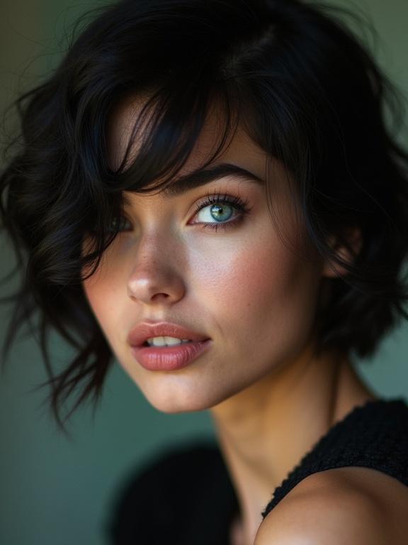 Extreme close up macro portrait of a beautiful French Italian pinup model tilting her head to the right playfully. She has short black hair draped over one eye, huge bouncy waves. Camera focuses on her piercing turquoise eyes while she leans in close. Large pillowy lips in a shy smile. She wears a partially off the shoulder black knit sweater that flatters her figure.