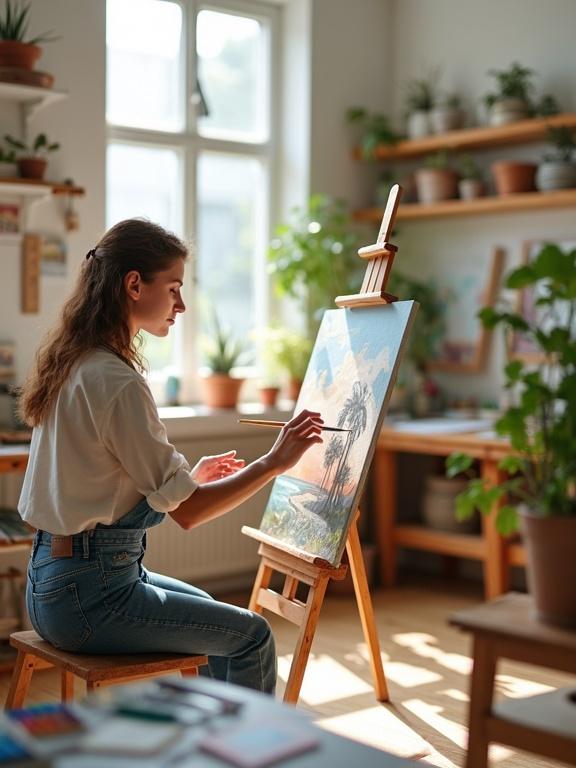 Artist focuses on painting on canvas. Scene set in a bright studio filled with art supplies. Shelves hold various drawings and paintings. Natural light illuminates the workspace.