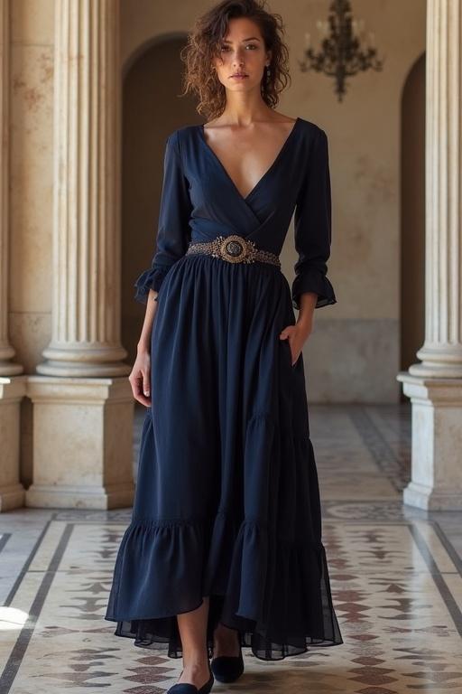 Display a deep navy blue dress worn by a model in a historic interior. The dress has a v-neck, long sleeves, and a cinched waist. The model stands confidently on patterned flooring with archways and soft lighting.