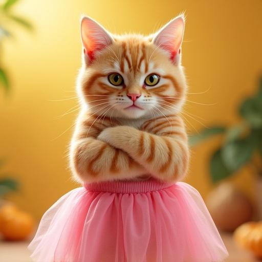 A cute cat wearing a pink skirt stands with arms crossed. The setting is bright and cheerful. The cat looks angry.