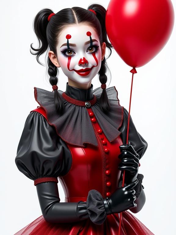 Realistic young female clown smiling with dimples. Dressed in shiny red and black baggy suit. Wearing black glossy gloves. Face painted in red, white, black clown makeup. Holding a red balloon. Hair styled in slick short pigtails. White background with detailed shadows and textures.