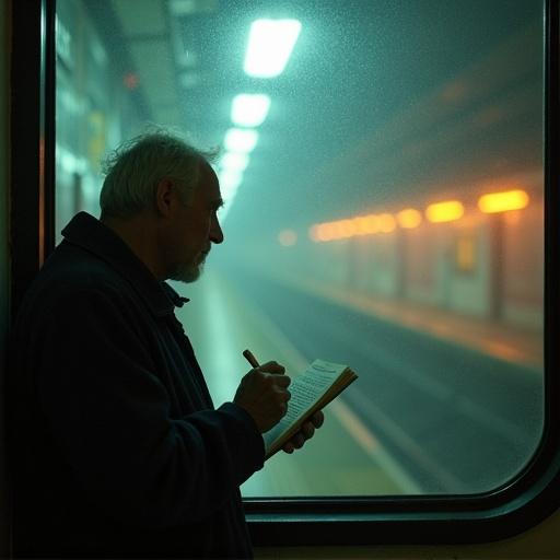 An old man writes poems on a fogged subway window. The dim lighting reveals streaks of orange light in a tunnel. The atmosphere is contemplative and serene.