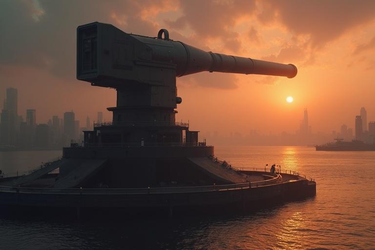 Cinematic view showcasing a large futuristic cannon on a rotating platform. Dark silhouette against a sunset backdrop over a city skyline. Atmospheric fog adds depth to the scene. Realistic details emphasize the industrial design of the cannon and platform.