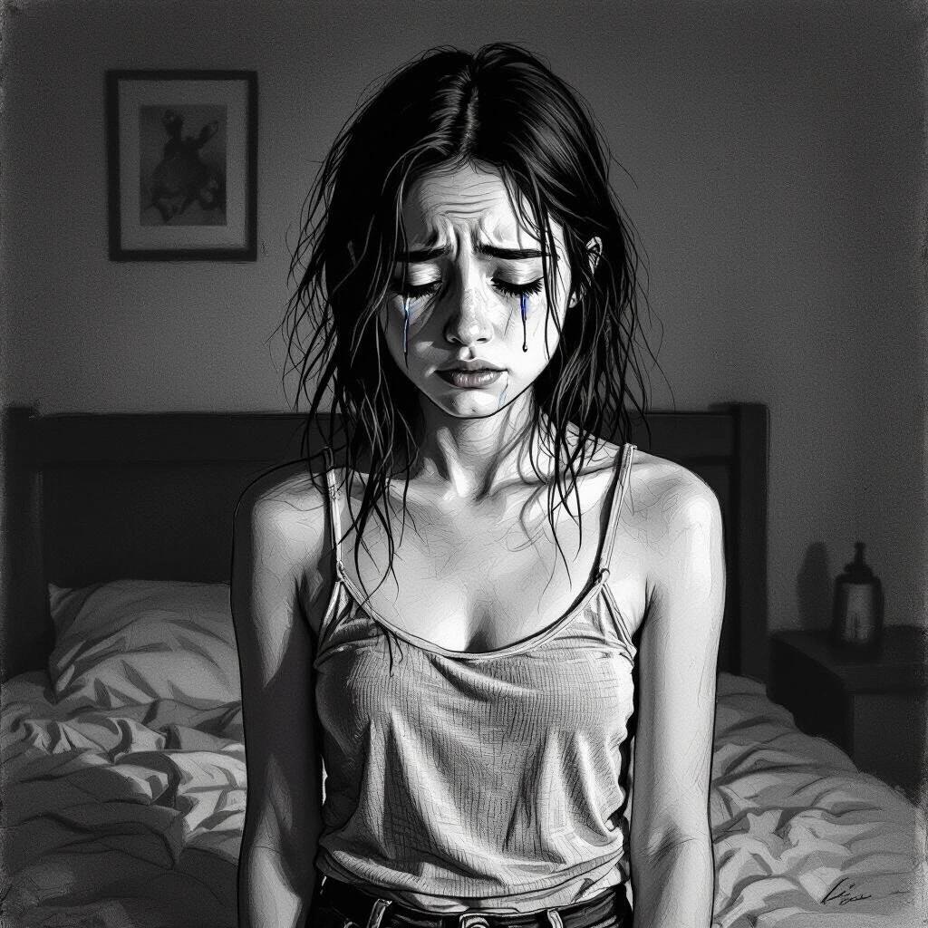 Emotional depiction of a tearful teenage girl in a dimly lit bedroom. The girl is bare-chested, hands at her sides.