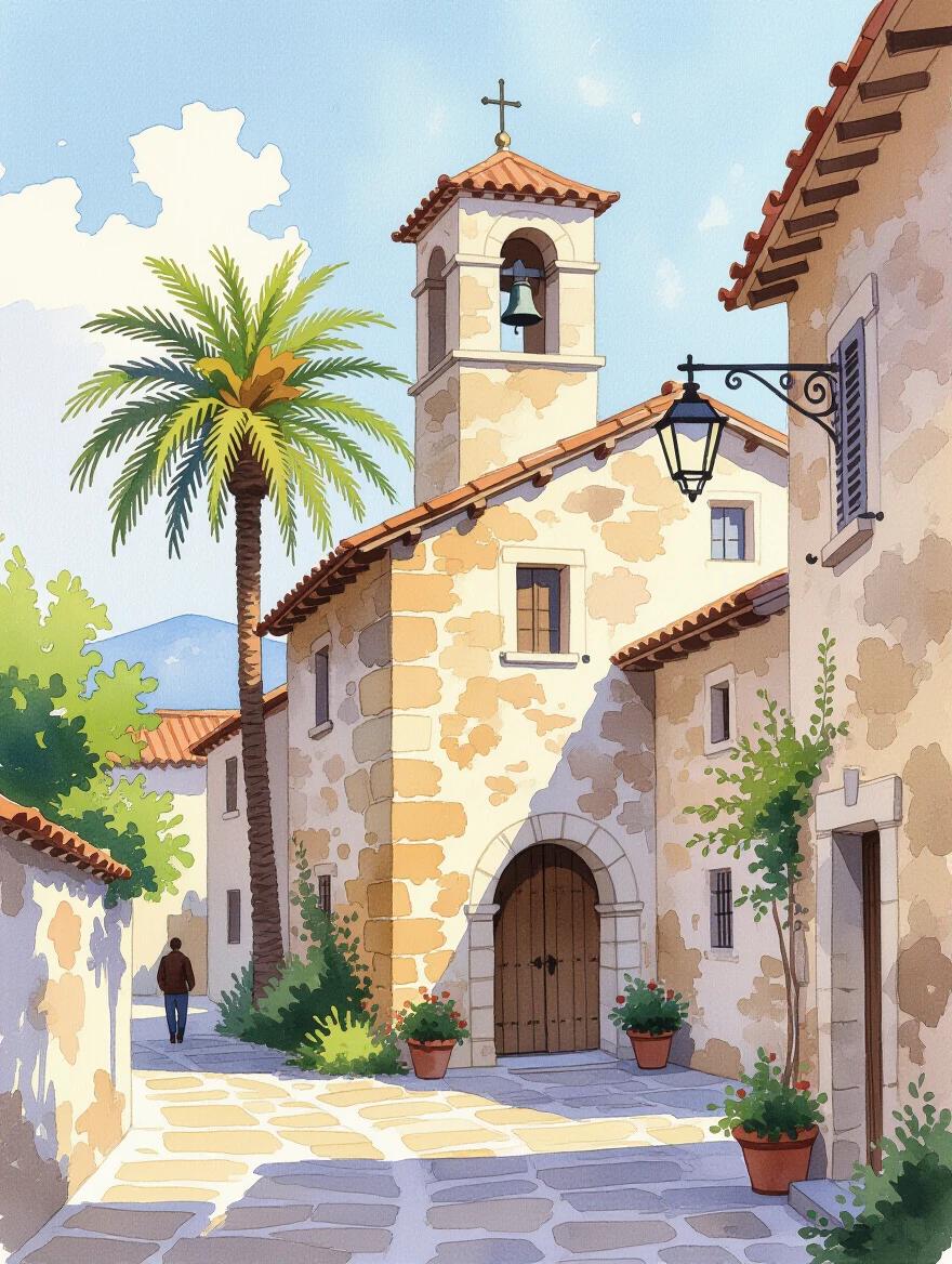 A picturesque old European building with a bell tower and a palm tree. The scene captures sunlight and shadows in a loose watercolor style. A person is seated near the archway of the building. The composition highlights warm colors and soft edges.