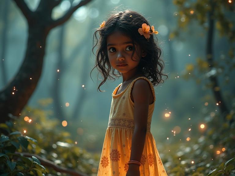 A 5-6 year old girl with big eyes and innocent face stands in a fantasy forest. She wears a cotton dress with block prints. Loose, curly hair has flowers. Magical aura surrounds her with glowing particles. Bioluminescent trees visible in the background.