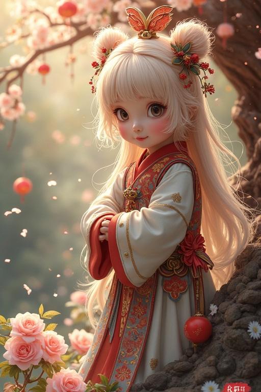 Generate a high-resolution vertical mobile wallpaper featuring a cute girl in traditional attire with long hair and flowers. The scene includes cherry blossoms and a warm, inviting atmosphere.