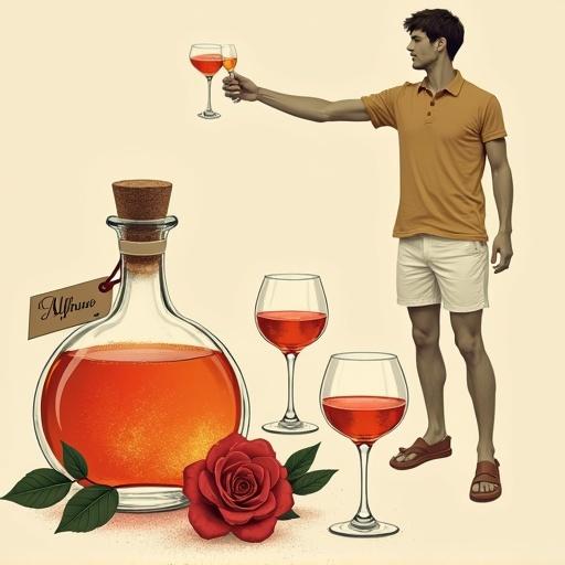 Minimalist screen printing artwork featuring man toasting with cocktail in a lush orchard. He wears a Polo-shirt. Two female partners are present. A lower bottle filled with shimmering elixir sits nearby. Its cork lid tops the bottle. Tag reads 'ALFRUNO'. Two liqueur glasses flank the bottle. Surrounding elements include roses and herbs. Background is beige. Composition reflects fantasy, mystery, nostalgia, and a connection to nature. Style is simple with bold strokes and follows golden ratio.