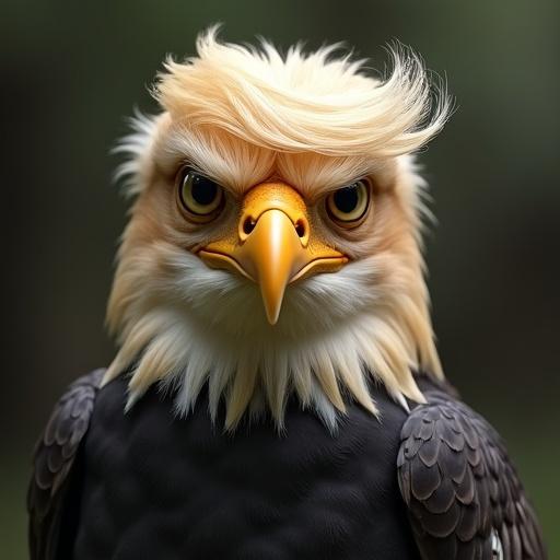 A bird resembling an eagle has a unique facial structure with an exaggerated hairstyle similar to Donald Trump. The bird's expression is fierce yet comically human-like. The feathers are a blend of dark gray and cream colors, complementing the distinctive features of the exaggerated hairstyle.
