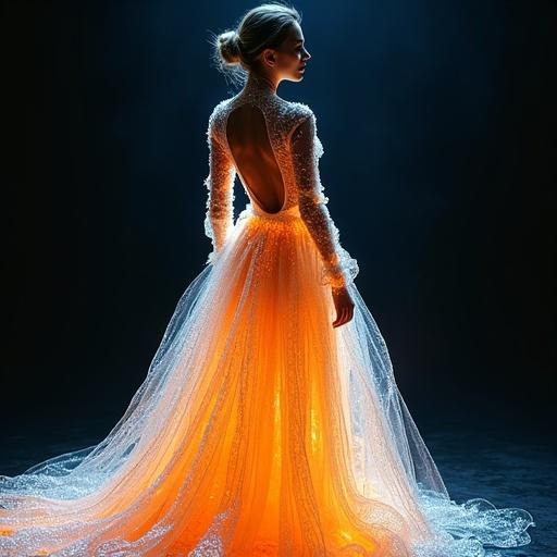 Full-length portrait of a woman wearing an elegant dress made of molten glass. High-necked and long-sleeved garment shimmers with translucent layers. Back cutout reveals cascading train of liquid glass. Texture combines sharp crystalline edges and smooth flowing curves. Side lighting highlights glass's fragility and strength. Image shows hyper-realistic photography with watercolor gradients in shadows.