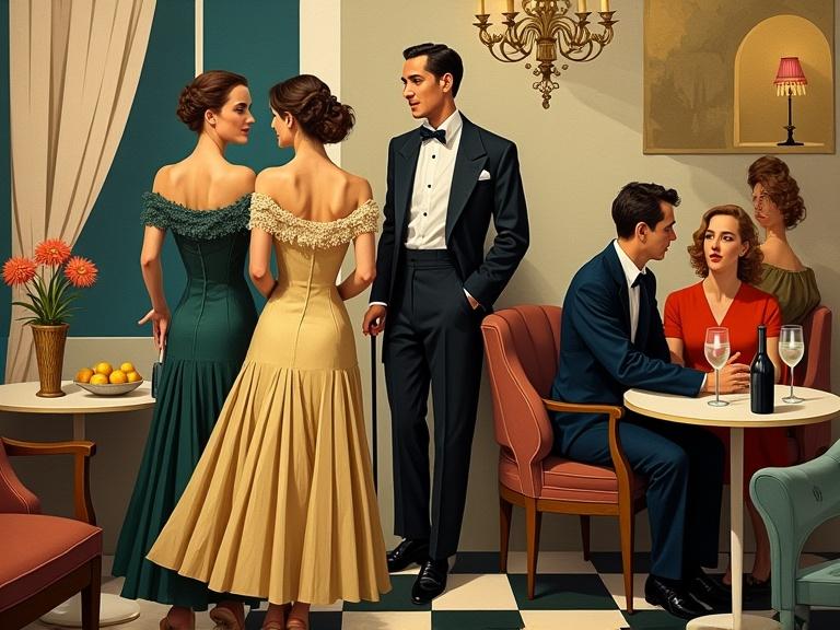 Create a vibrant painting inspired by early 20th-century avant-garde art. The scene depicts a lively interior with figures socializing. Include three distinct characters: a graceful woman in an intricate dress; a man in formal attire with a cane; and another dynamic figure. The setting is a salon or café with furniture and decor. Use a rich color palette with earthy tones and accents of brightness. The composition should have dynamic tension with overlapping elements and a sense of movement. Incorporate soft, diffused lighting and intricate textures throughout.